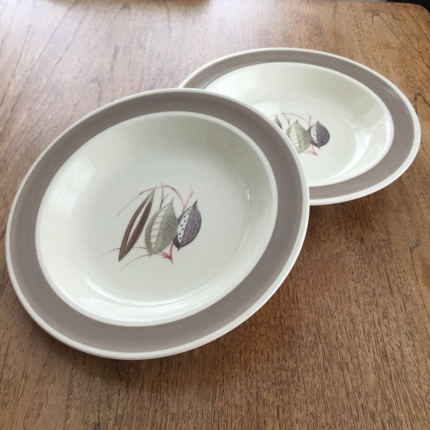 Vintage c.1930s Susie Cooper Windfall 2382 pattern pair of shallow soup / pudding / dessert dishes / bowls 9” cream brown leaf design autumnal