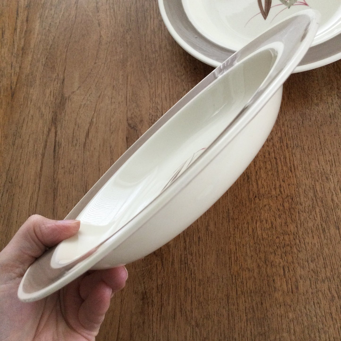 Vintage c.1930s Susie Cooper Windfall 2382 pattern pair of shallow soup / pudding / dessert dishes / bowls 9” cream brown leaf design autumnal