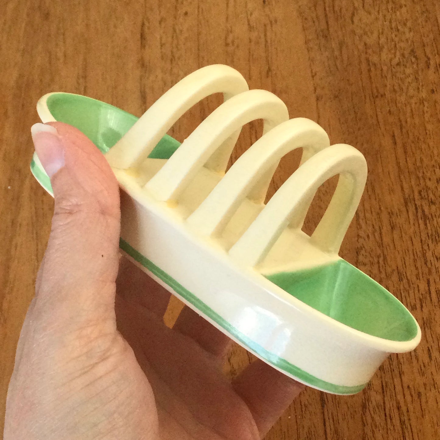 Susie Cooper Crown Works 1930s / 1940s Toast Rack. Green and cream. Some repairs- see photos. Small 5” 13cm length.