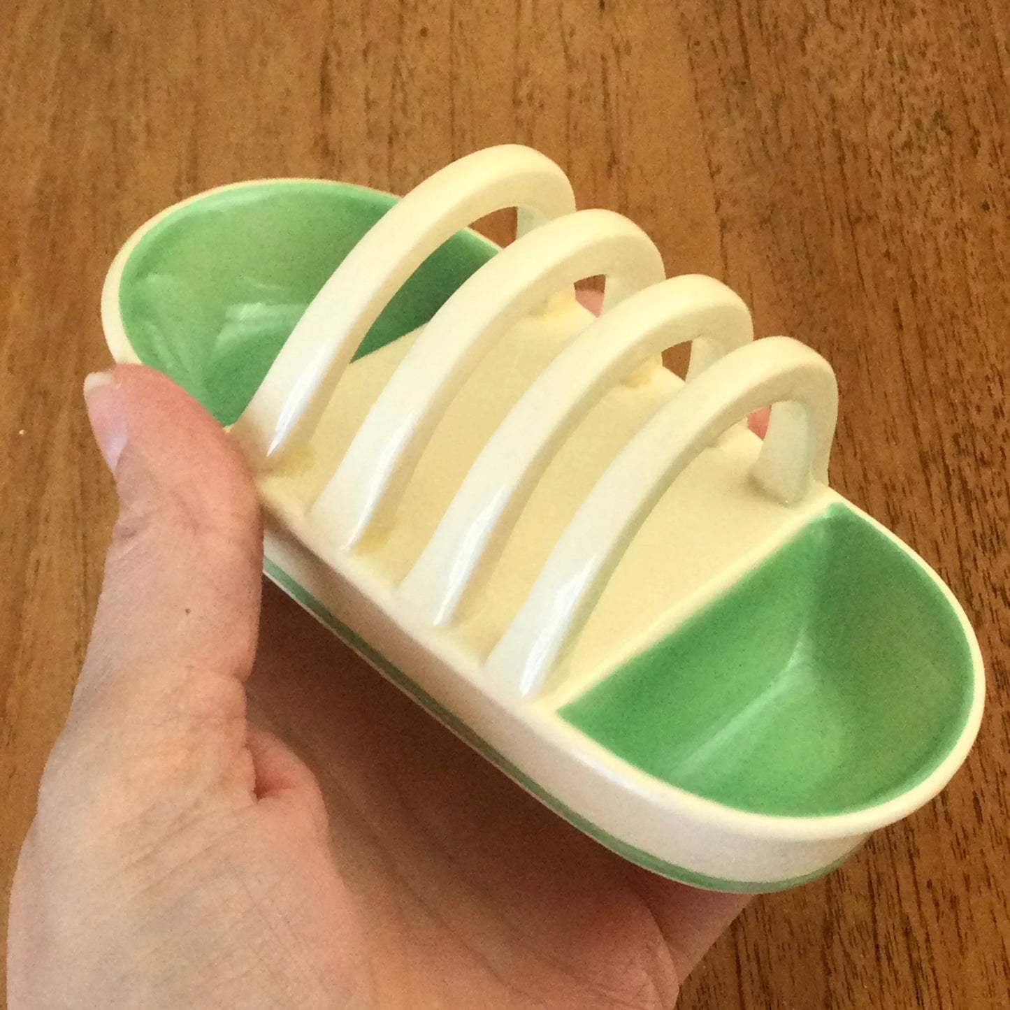 Susie Cooper Crown Works 1930s / 1940s Toast Rack. Green and cream. Some repairs- see photos. Small 5” 13cm length.