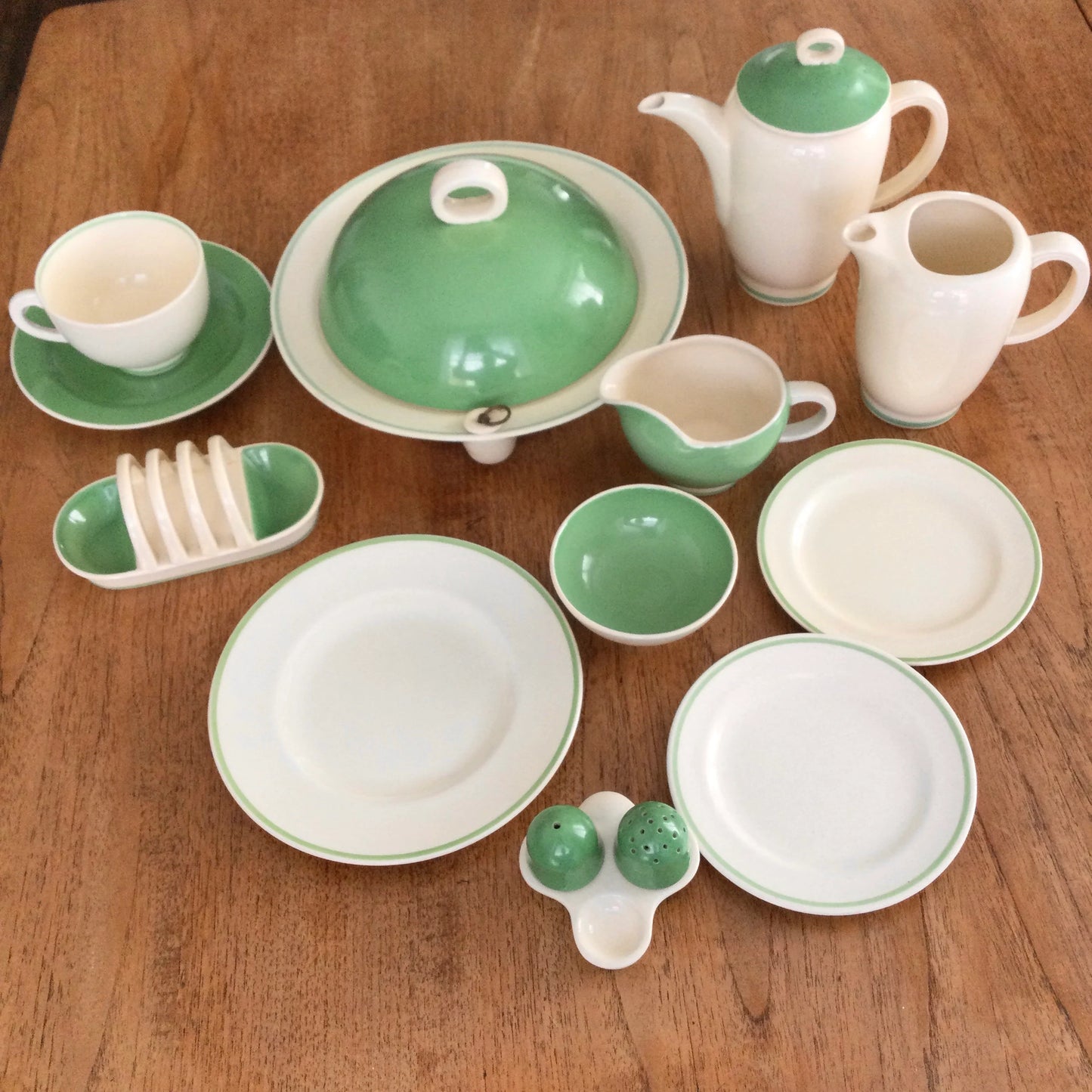 Susie Cooper Crown Works 1930s / 1940s Toast Rack. Green and cream. Some repairs- see photos. Small 5” 13cm length.