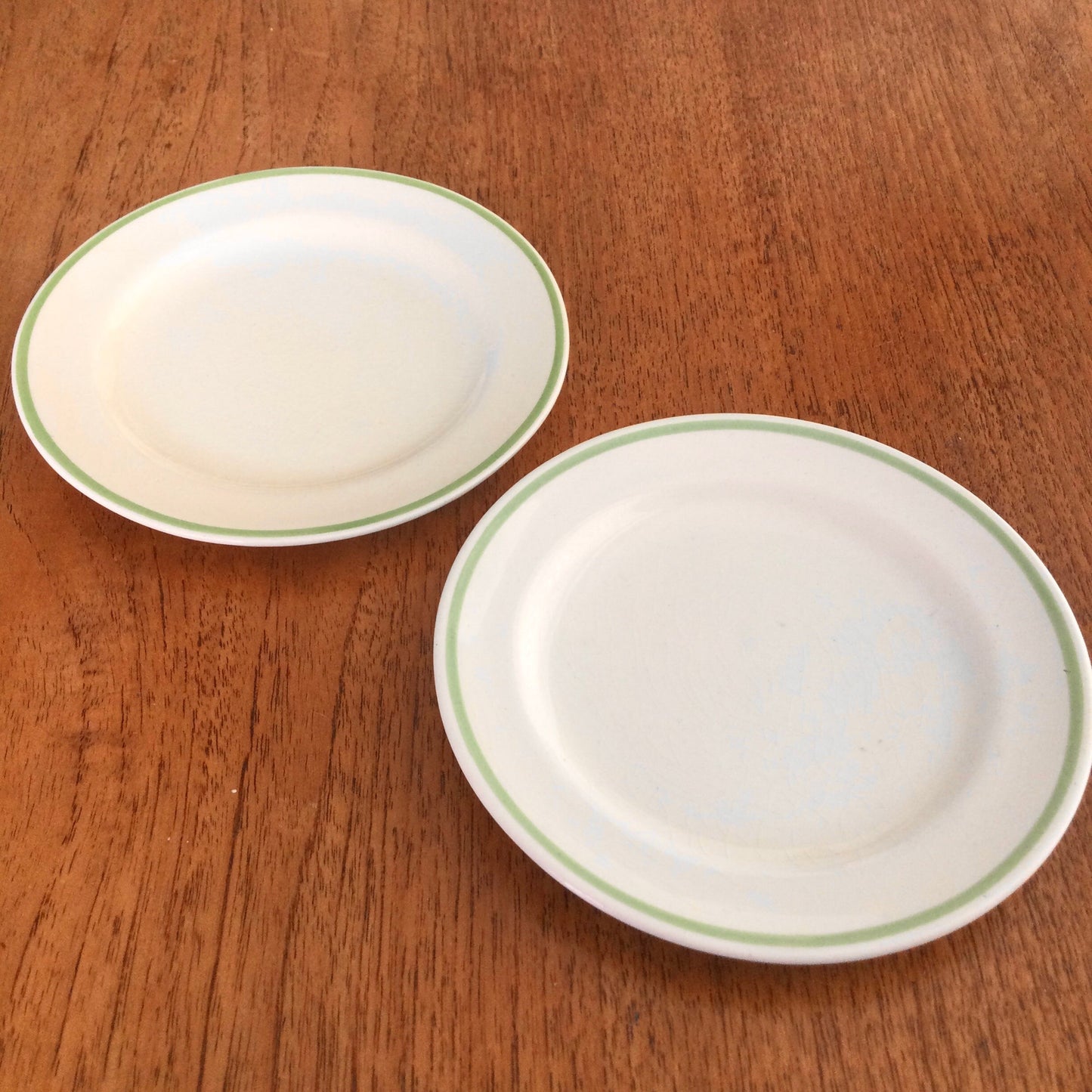 Susie Cooper 5” appetiser plates x 2 Green Band. For Wood & Sons. 1930s. Small plates.