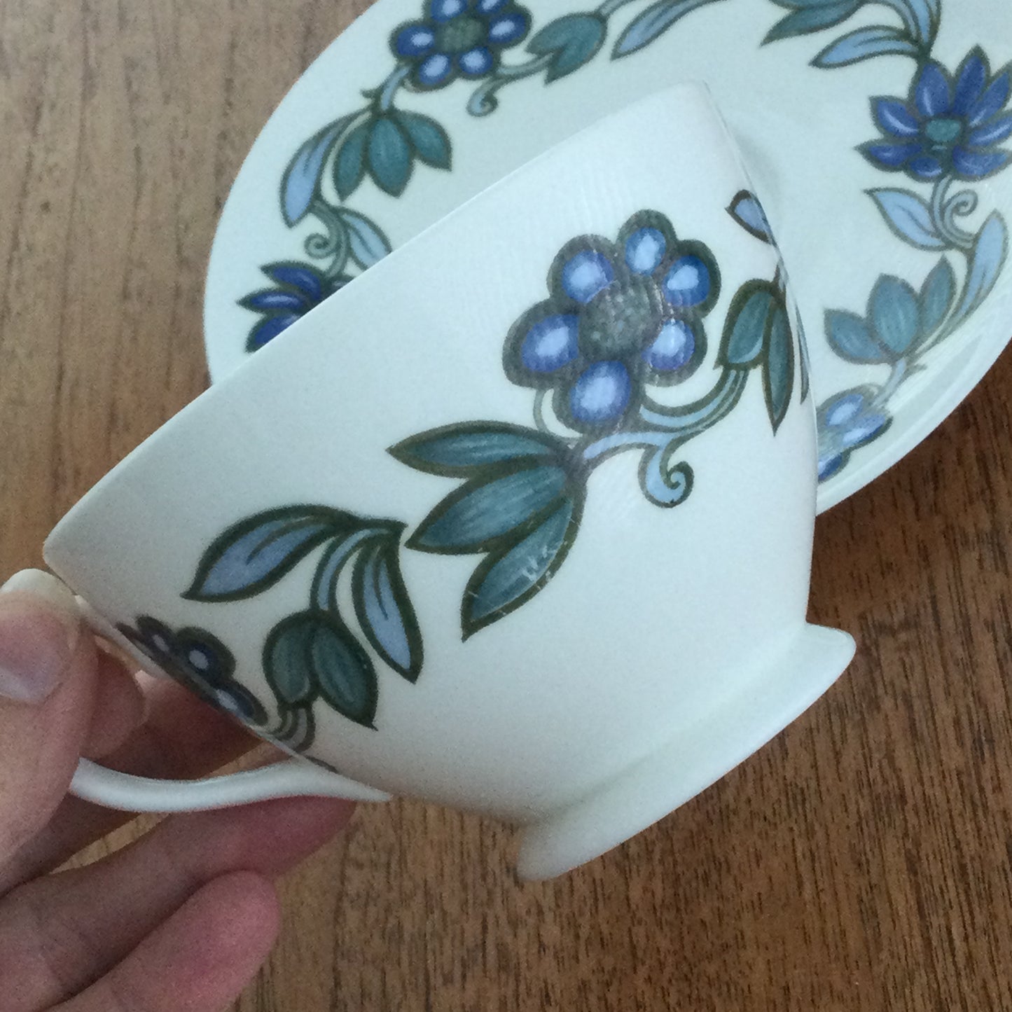 Wedgwood Susie Cooper Art Nouveau Blue tea cup cappuccino cup and saucer . 1960s blue and green flower design