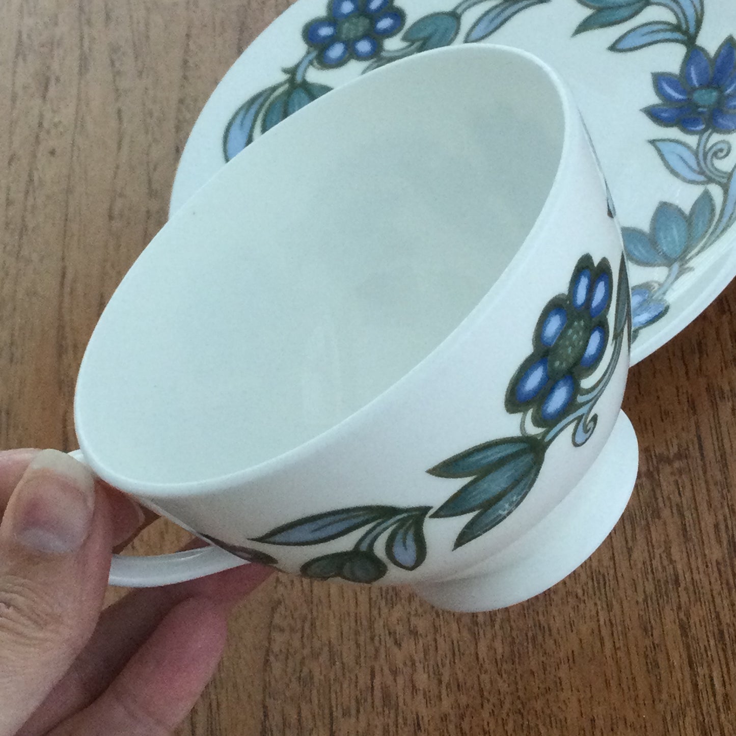 Wedgwood Susie Cooper Art Nouveau Blue tea cup cappuccino cup and saucer . 1960s blue and green flower design