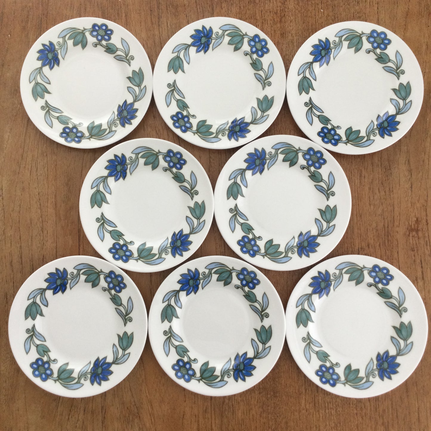 Wedgwood Susie Cooper Art Nouveau Blue set of 8 6 1/2" side plates. 1960s blue and green flower design