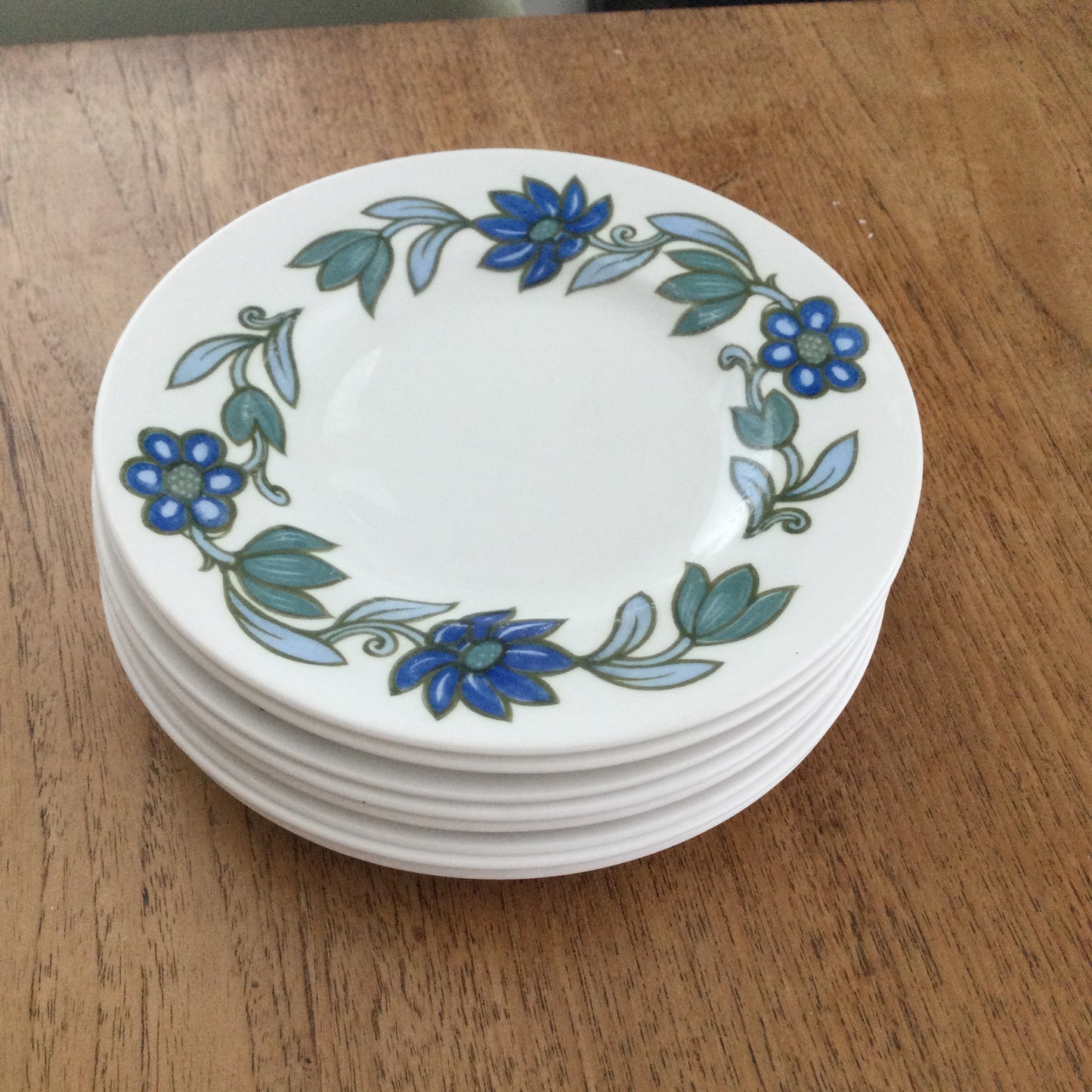 Wedgwood Susie Cooper Art Nouveau Blue set of 8 6 1/2" side plates. 1960s blue and green flower design