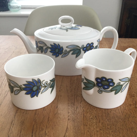 Wedgwood Susie Cooper Art Nouveau Blue Tea Set - Teapot, sugar bowl and milk jug . 1960s blue and green flower design