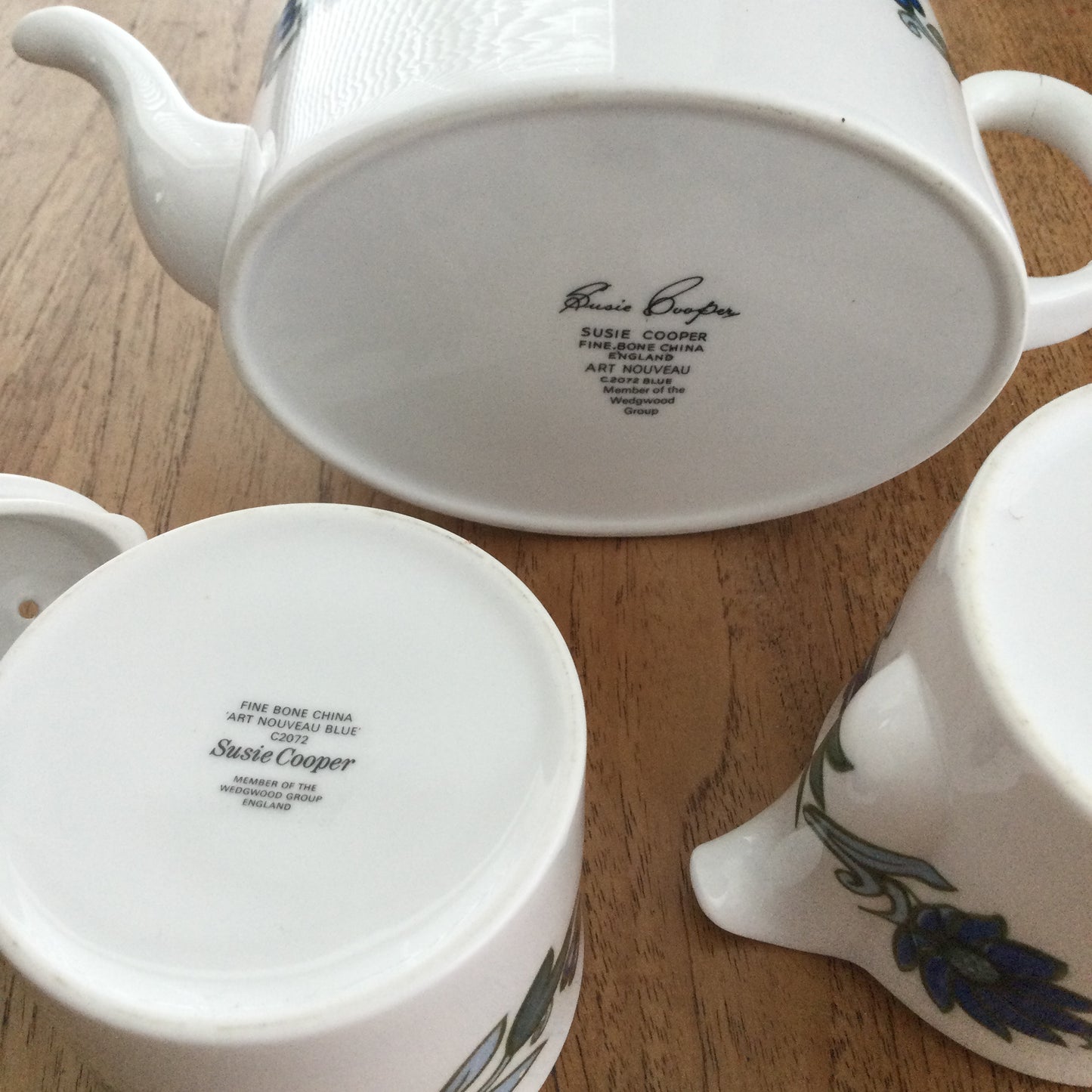 Wedgwood Susie Cooper Art Nouveau Blue Tea Set - Teapot, sugar bowl and milk jug . 1960s blue and green flower design