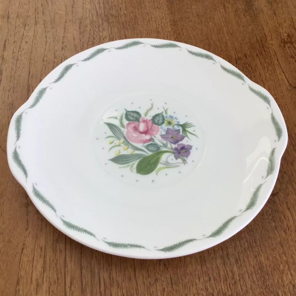 Susie Cooper ‘Fragrance’ Cake Plate Round with handle shapes. Floral rose ferns