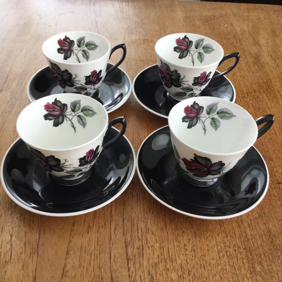 Royal Albert Masquerade 4 x Tea / Coffee Cups & Saucers - Red & Black Rose Design - Demitasse - 1950s/60s