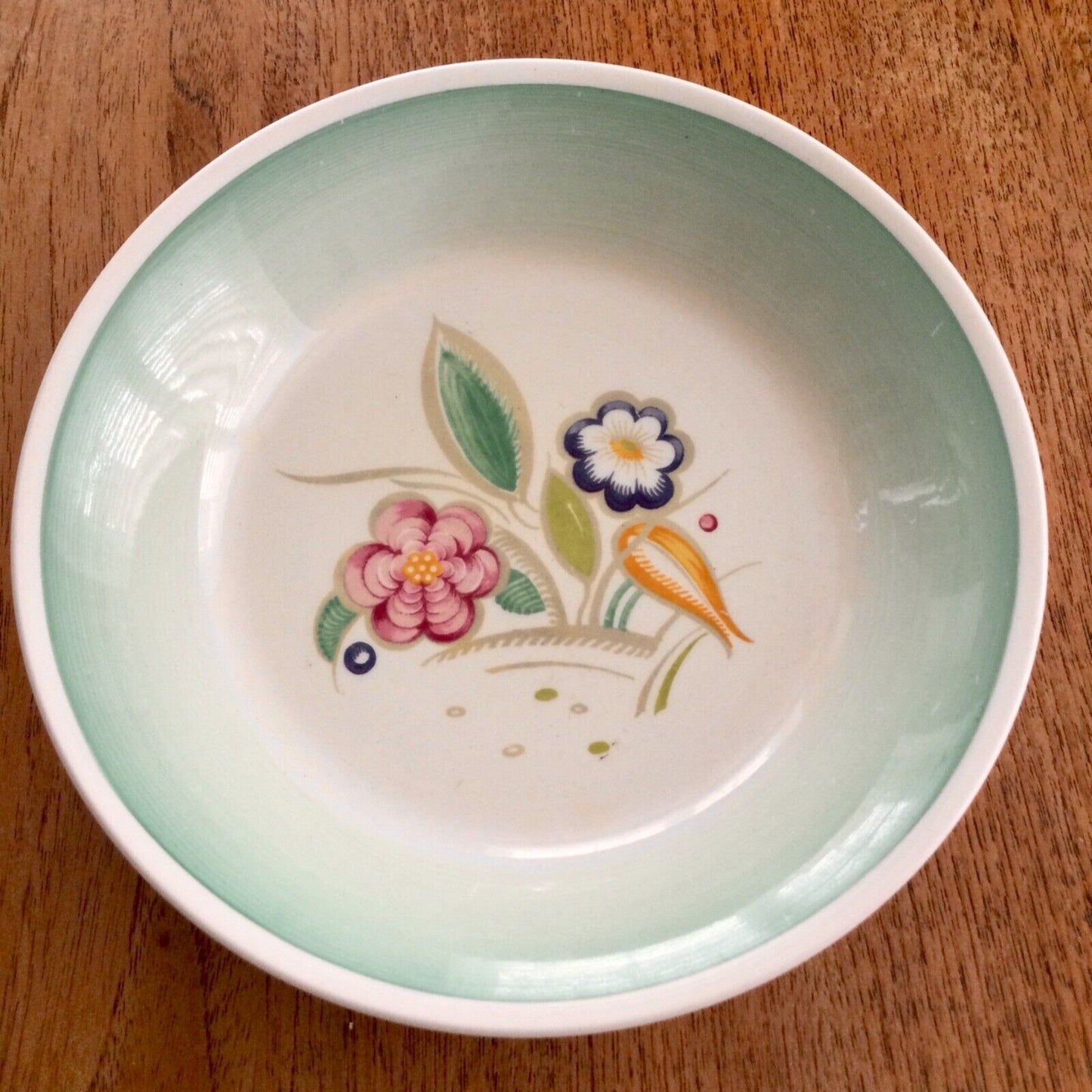 Susie Cooper Production Art Deco Dessert Bowl Flower Design Green Band Pretty