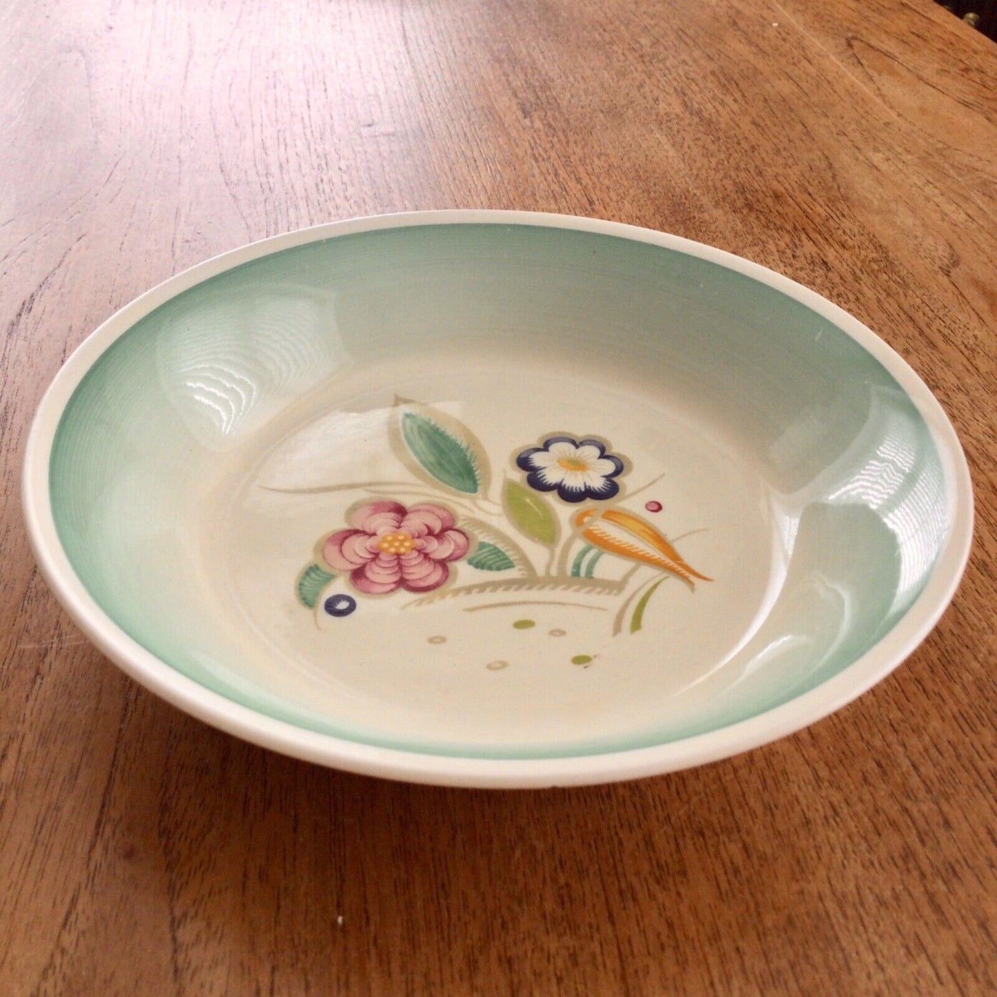 Susie Cooper Production Art Deco Dessert Bowl Flower Design Green Band Pretty