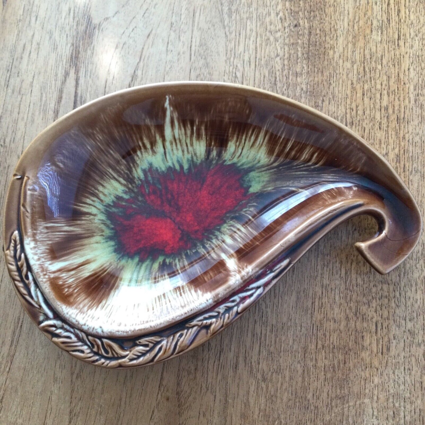 Mid Century Brown Red Yellow Teardrop Shaped Dish / Serving Platter - 25cm Long - Retro - Harvest Crop Edging.