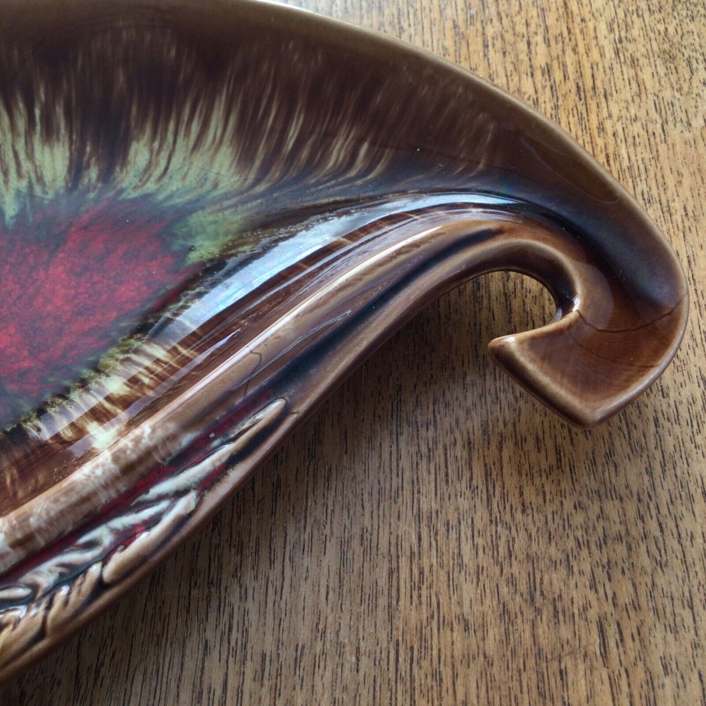 Mid Century Brown Red Yellow Teardrop Shaped Dish / Serving Platter - 25cm Long - Retro - Harvest Crop Edging.