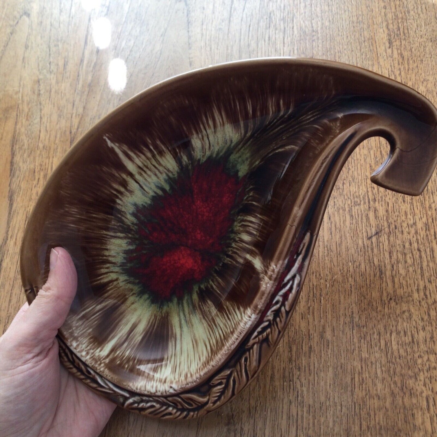 Mid Century Brown Red Yellow Teardrop Shaped Dish / Serving Platter - 25cm Long - Retro - Harvest Crop Edging.