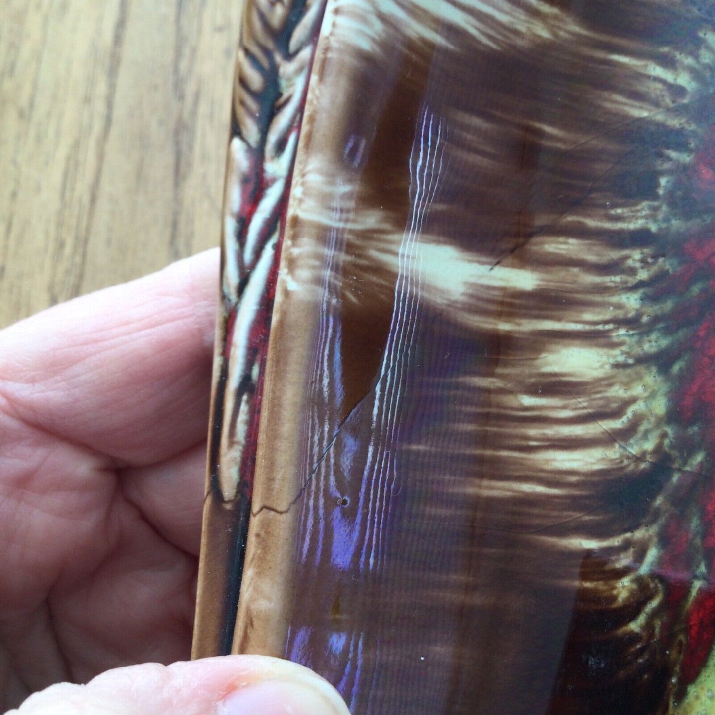 Mid Century Brown Red Yellow Teardrop Shaped Dish / Serving Platter - 25cm Long - Retro - Harvest Crop Edging.