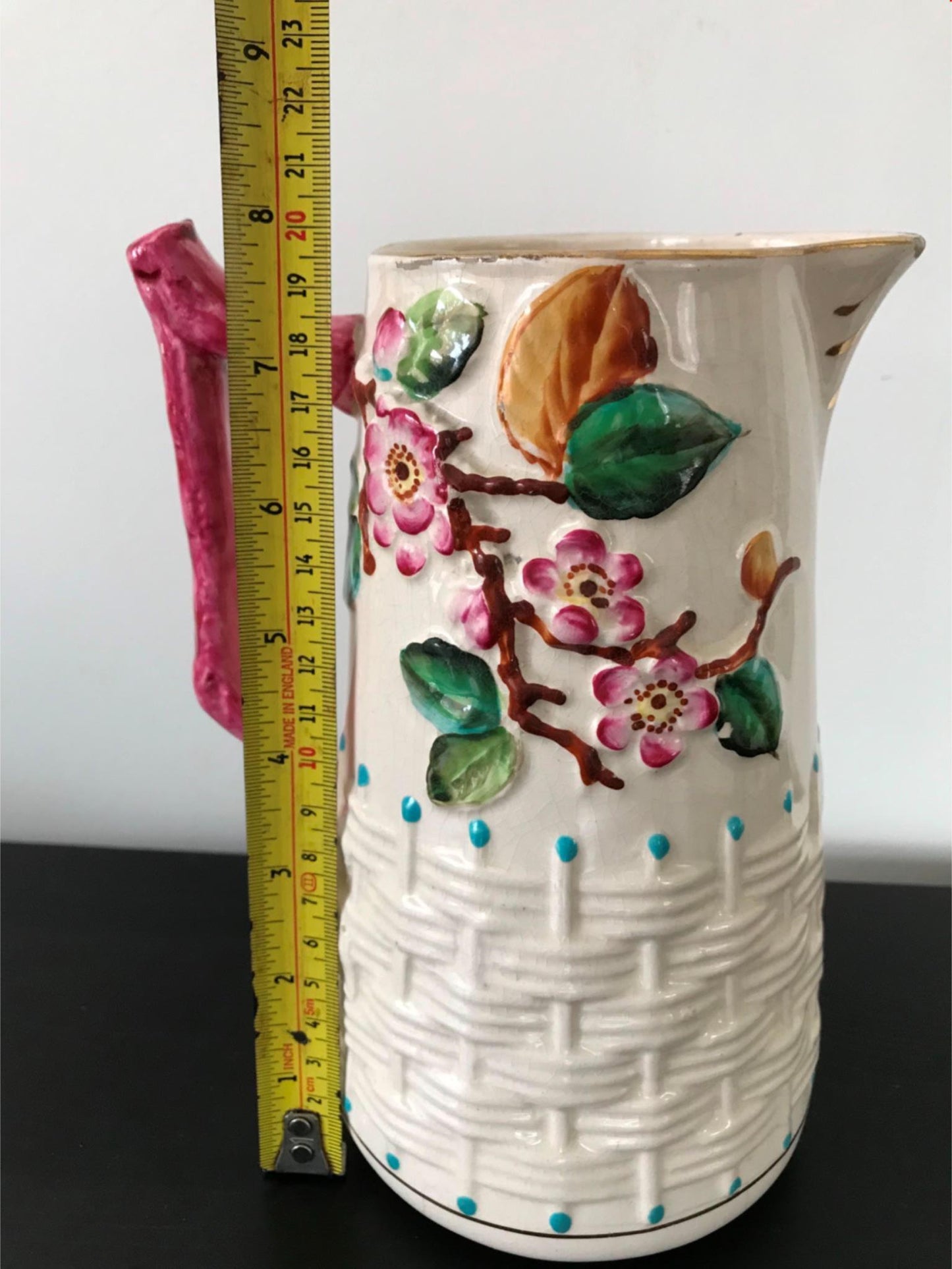 VINTAGE RETRO Pink floral Art Deco Style Jug Vase Pitcher Cherry blossom weave