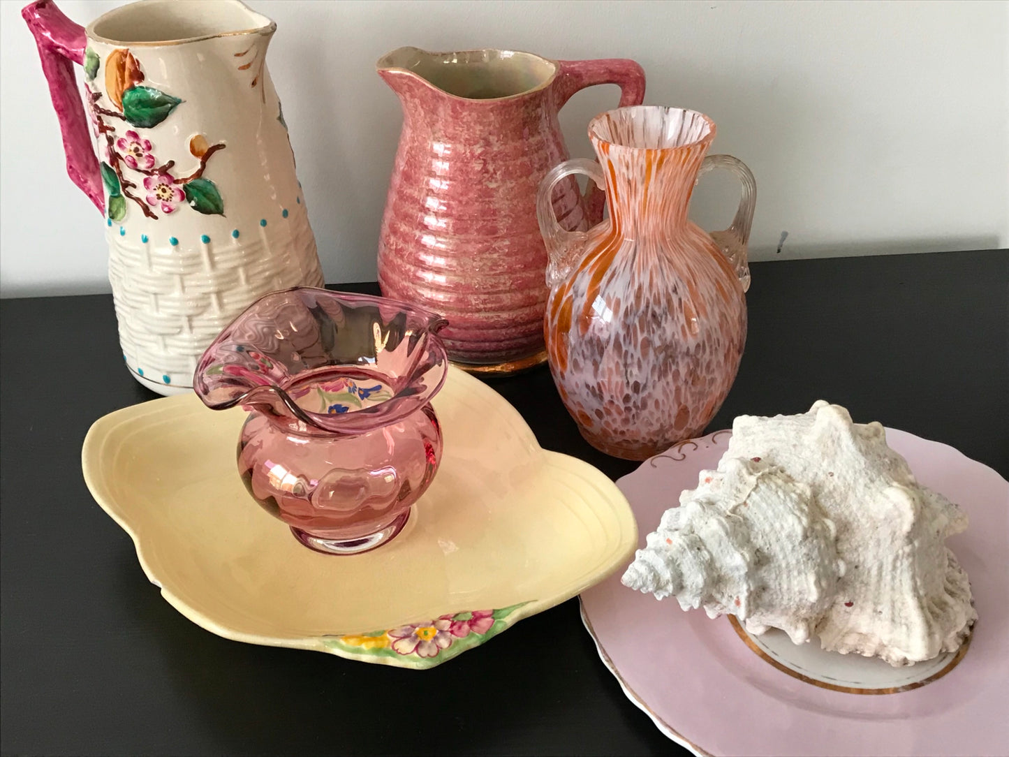 VINTAGE RETRO Pink floral Art Deco Style Jug Vase Pitcher Cherry blossom weave