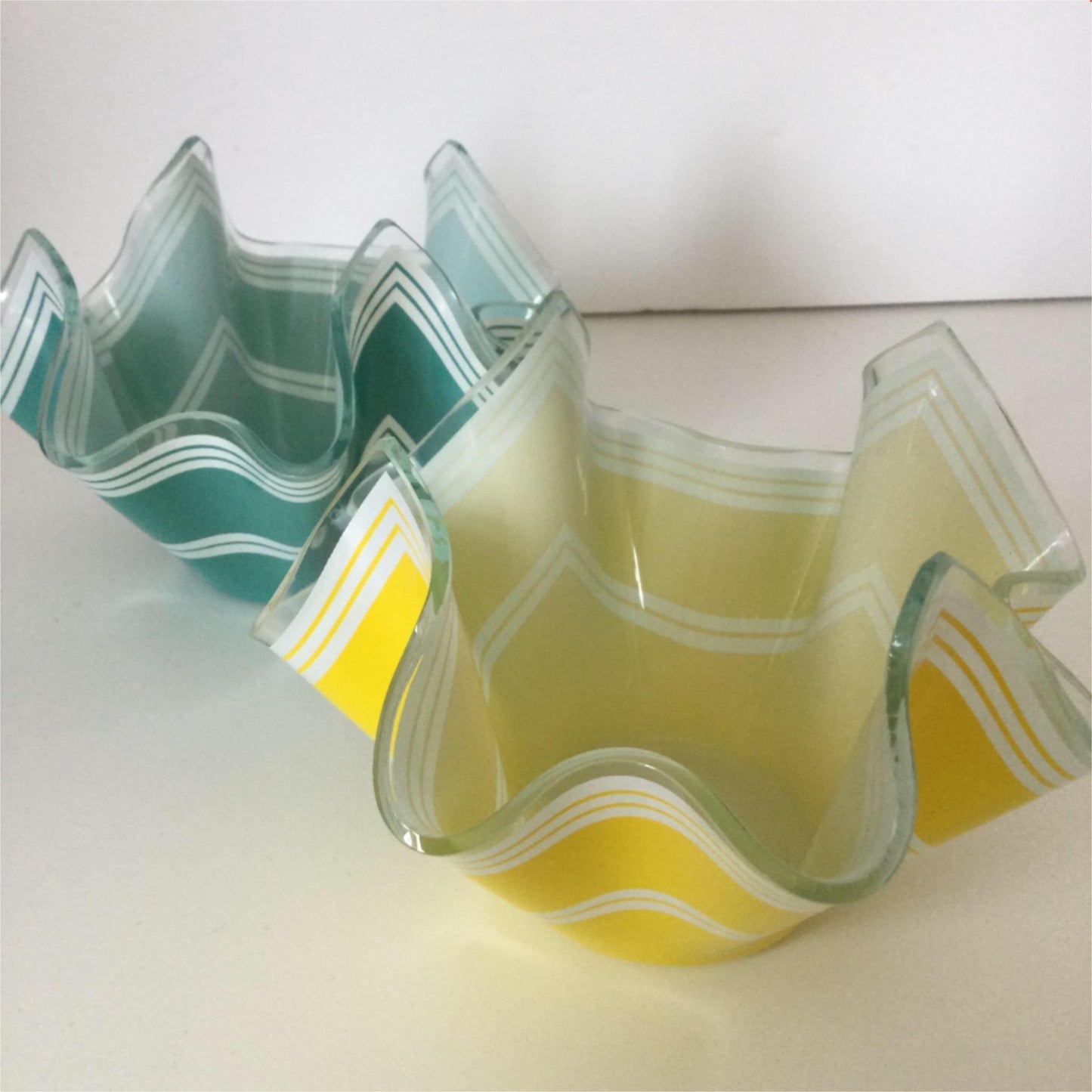 Pair of Vintage Yellow Aqua Green Chance Bros Glass Handkerchief Vases / bowls Bandel-2