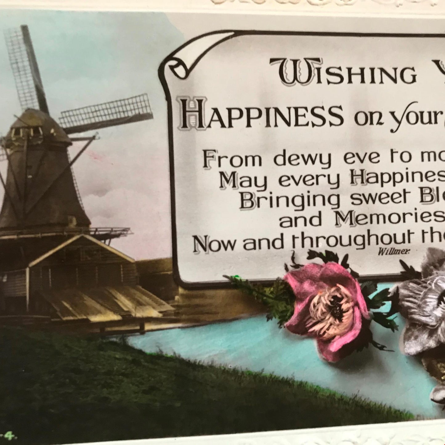 Vintage BIRTHDAY Greetings Postcard photo windmill anemones flowers pretty poem