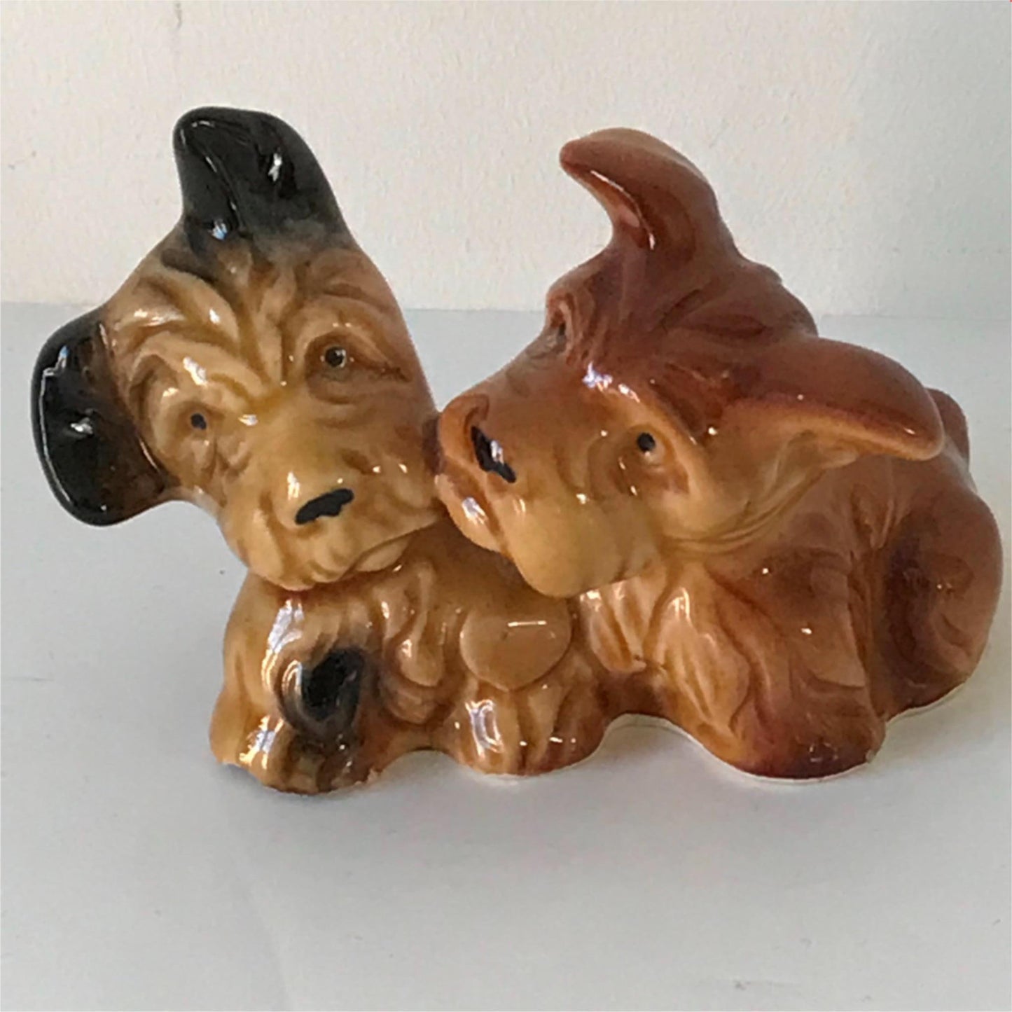 Cute vintage dog ornament - pair of small terriers brown cute puppies playing