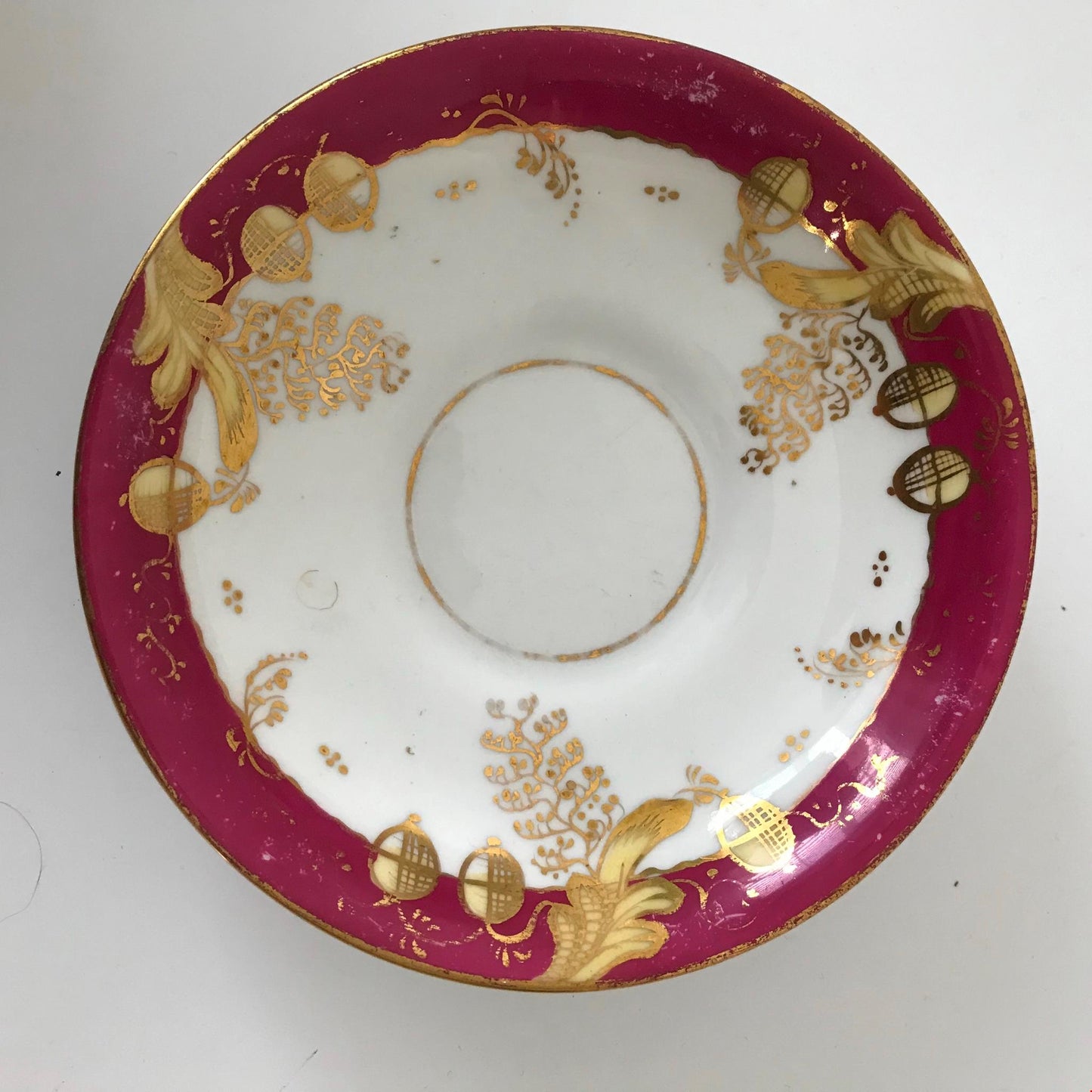 Festive bone china spare saucer, soap dish, Christmas deep pink & gold c.1920s