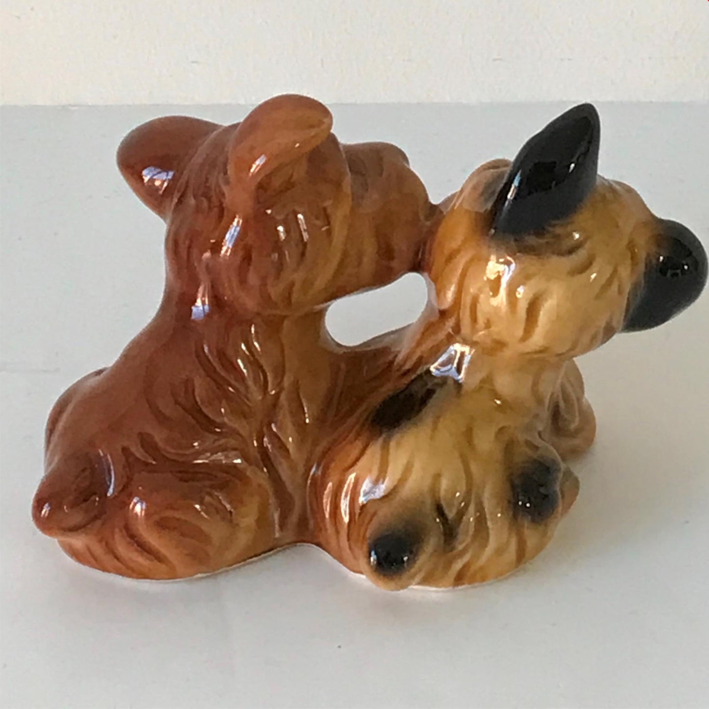 Cute vintage dog ornament - pair of small terriers brown cute puppies playing