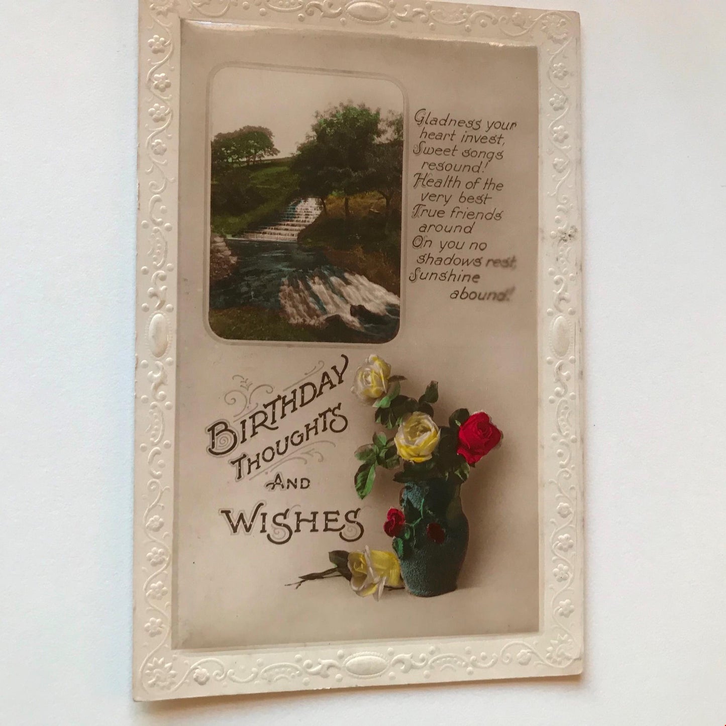 Vintage BIRTHDAY Greetings Postcard photo waterfall flowers nice poem