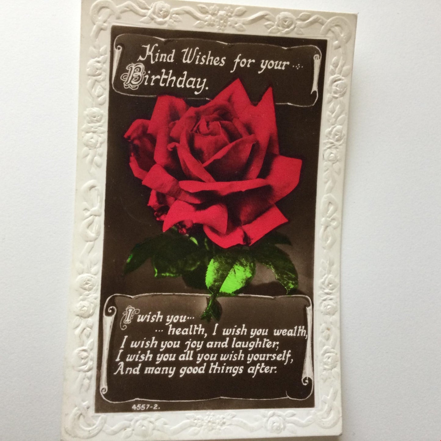 Vintage BIRTHDAY Greetings Postcard 1943 1940s Rose photo hand tinted nice poem