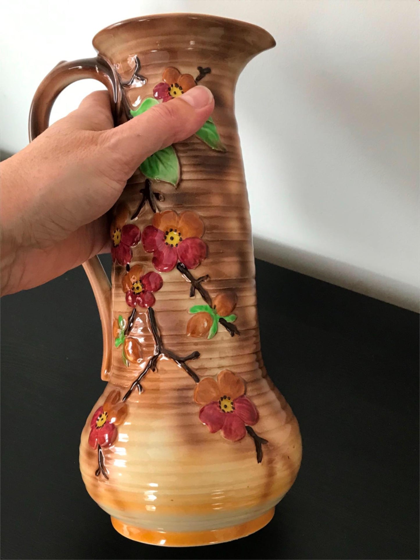 VINTAGE ROYAL ART POTTERY JUG VASE TALL SLIM BLOSSOM DESIGN ART DECO 26cm