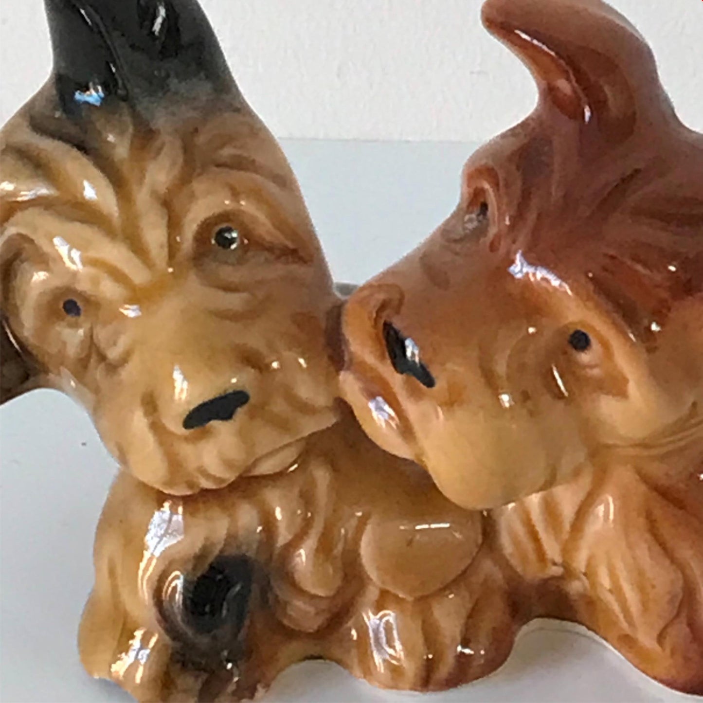 Cute vintage dog ornament - pair of small terriers brown cute puppies playing