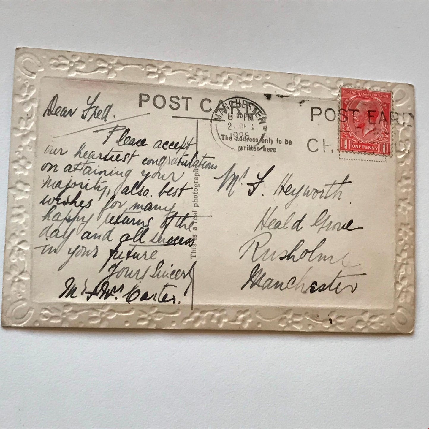 Vintage 21st BIRTHDAY Greetings Postcard RP 1928 1920s lucky horseshoe cottage