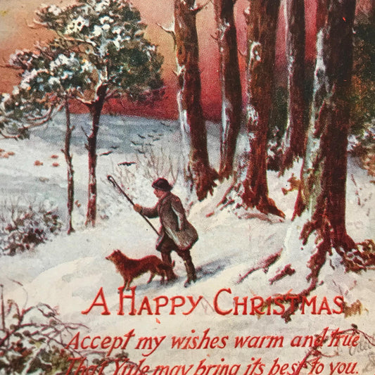 Antique HAPPY CHRISTMAS Greetings Postcard 1917 snowy woodland scene shepherd