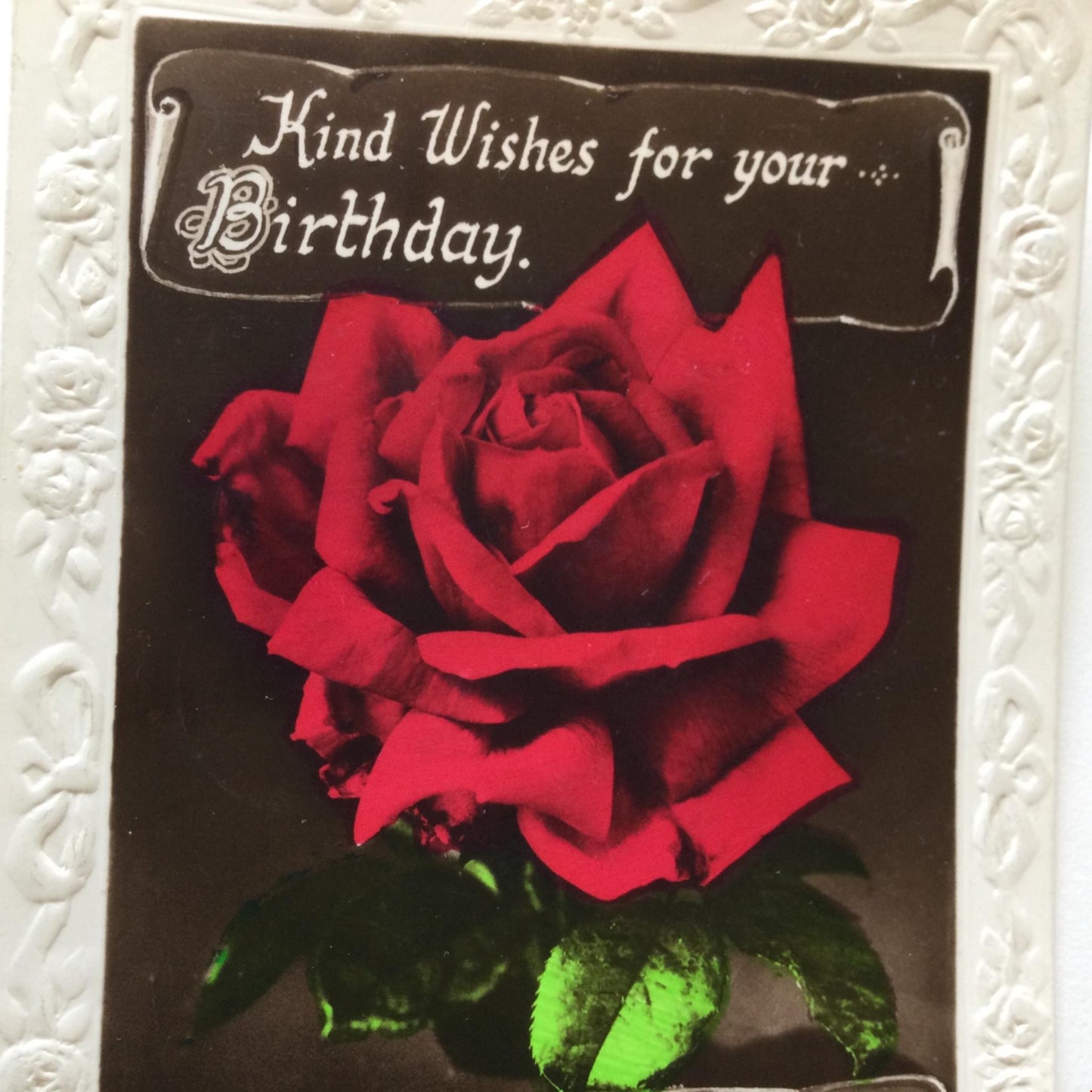 Vintage BIRTHDAY Greetings Postcard 1943 1940s Rose photo hand tinted nice poem