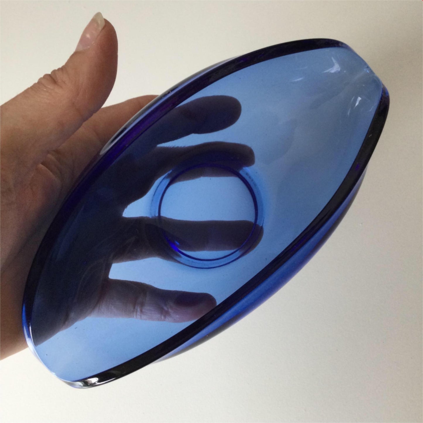 Vintage Whitefriars style Art Glass Blue Small oval bowl dish royal blue