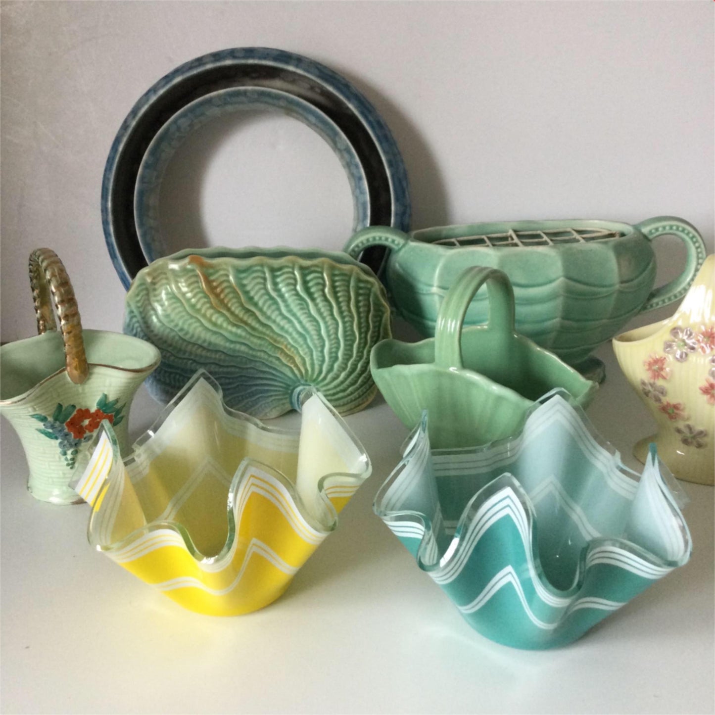 Pair of Vintage Yellow Aqua Green Chance Bros Glass Handkerchief Vases / bowls Bandel-2