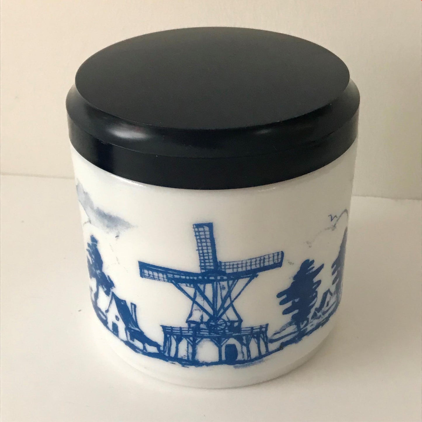 Vintage Opaline White Glass Dutch Delft Blue Storage Jar Canister Storage Jar. Windmill design.