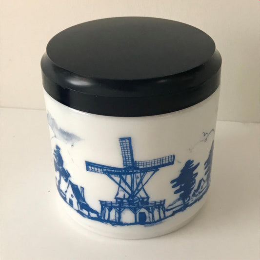 Vintage Opaline White Glass Dutch Delft Blue Storage Jar Canister Storage Jar. Windmill design.