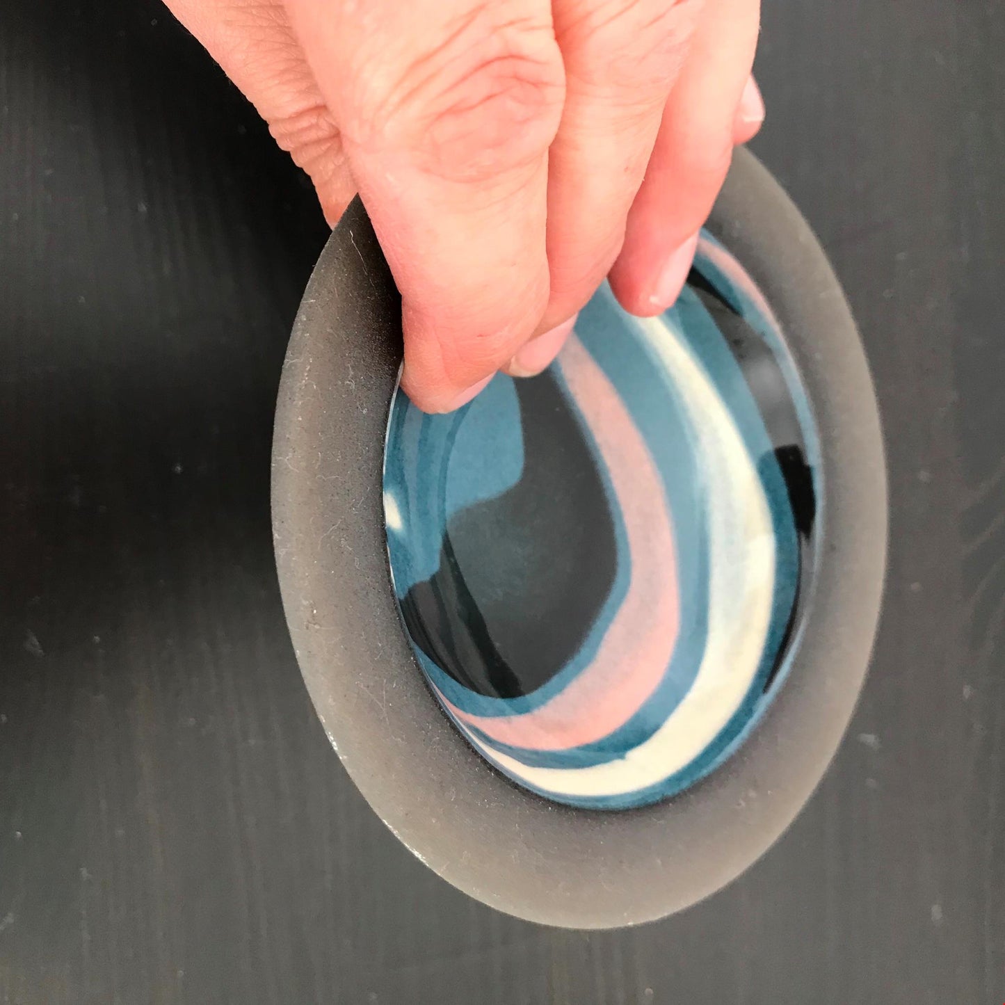 Earthenware trinket dish/ bowl. Jan Bainbridge-Perry. Bainbridge Island Pottery Eumundi. Swirl glaze blue pink brown