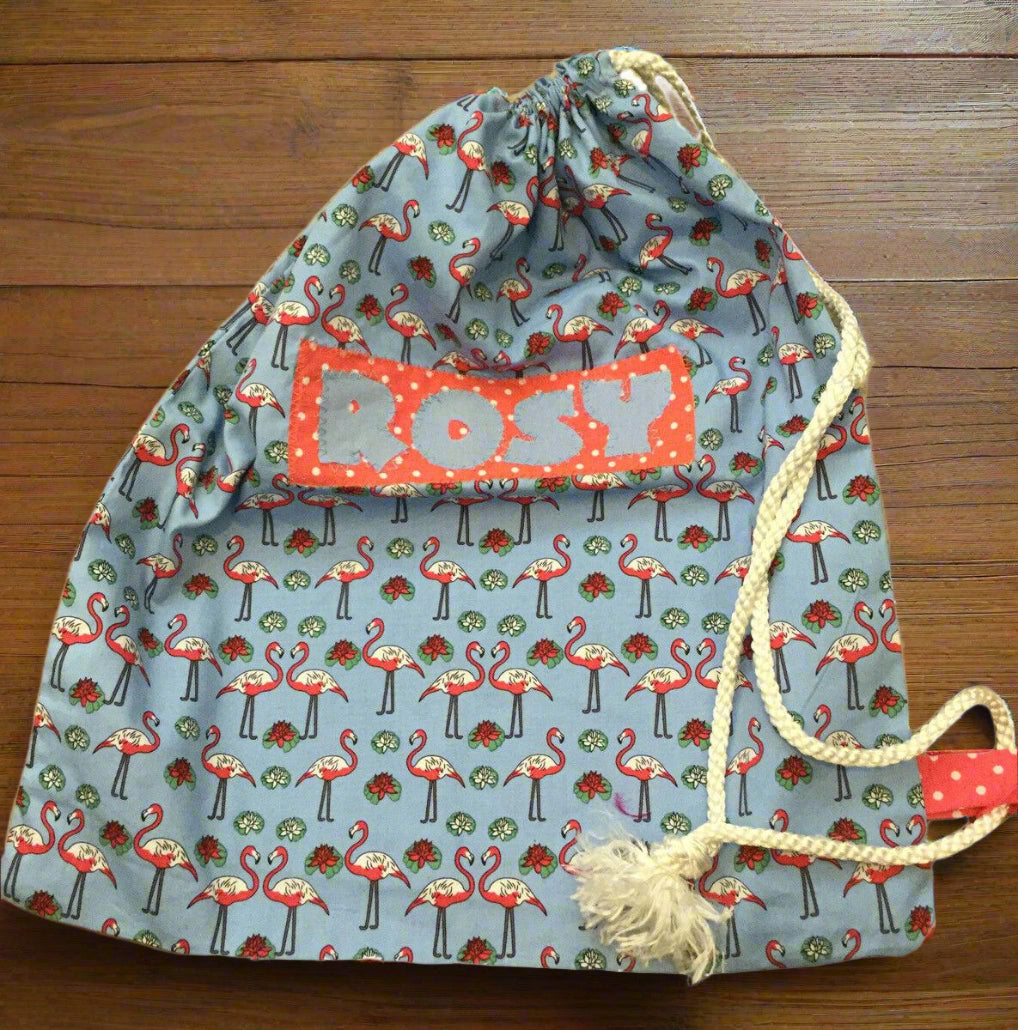 Medium Drawstring Bag. Approx 39 x 34 cm. Flamingo. PERSONALISED ‘ROSY’ Pretty