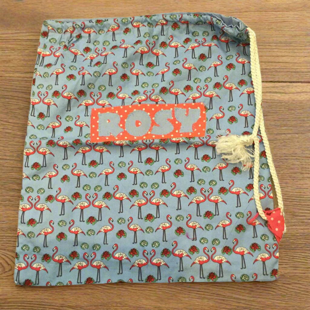 Medium Drawstring Bag. Approx 39 x 34 cm. Flamingo. PERSONALISED ‘ROSY’ Pretty