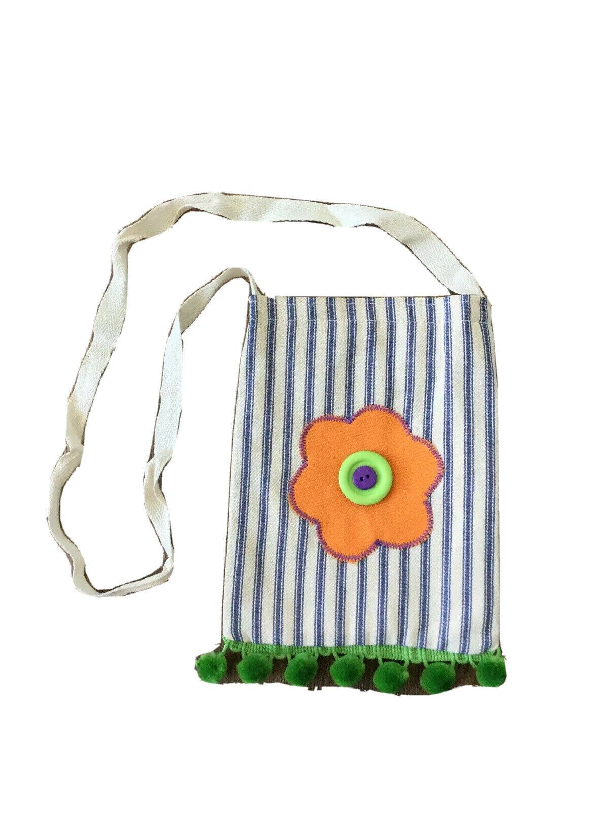 Childs Mini Canvas Shoulder Bag. Pompoms Stripes Flower Buttons Handmade in UK