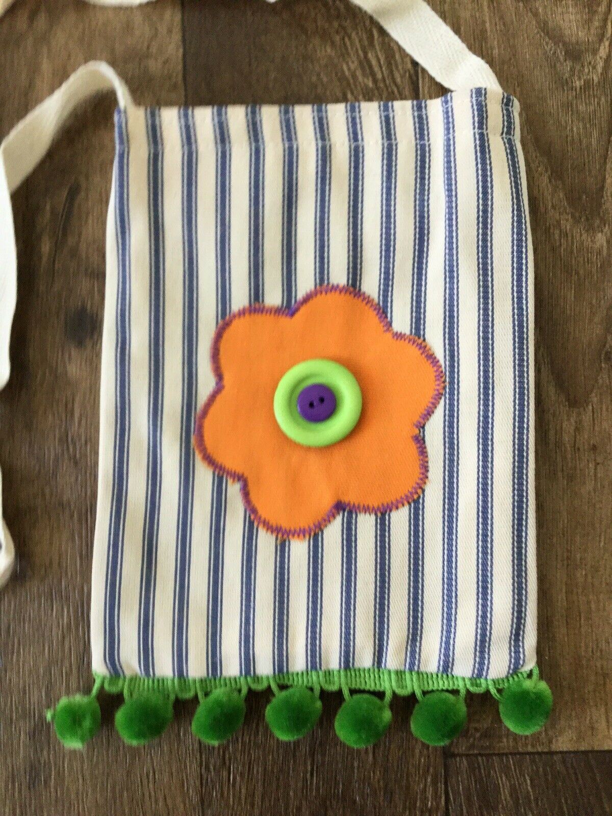 Childs Mini Canvas Shoulder Bag. Pompoms Stripes Flower Buttons Handmade in UK