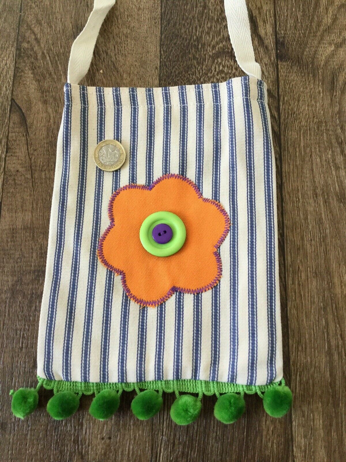 Childs Mini Canvas Shoulder Bag. Pompoms Stripes Flower Buttons Handmade in UK