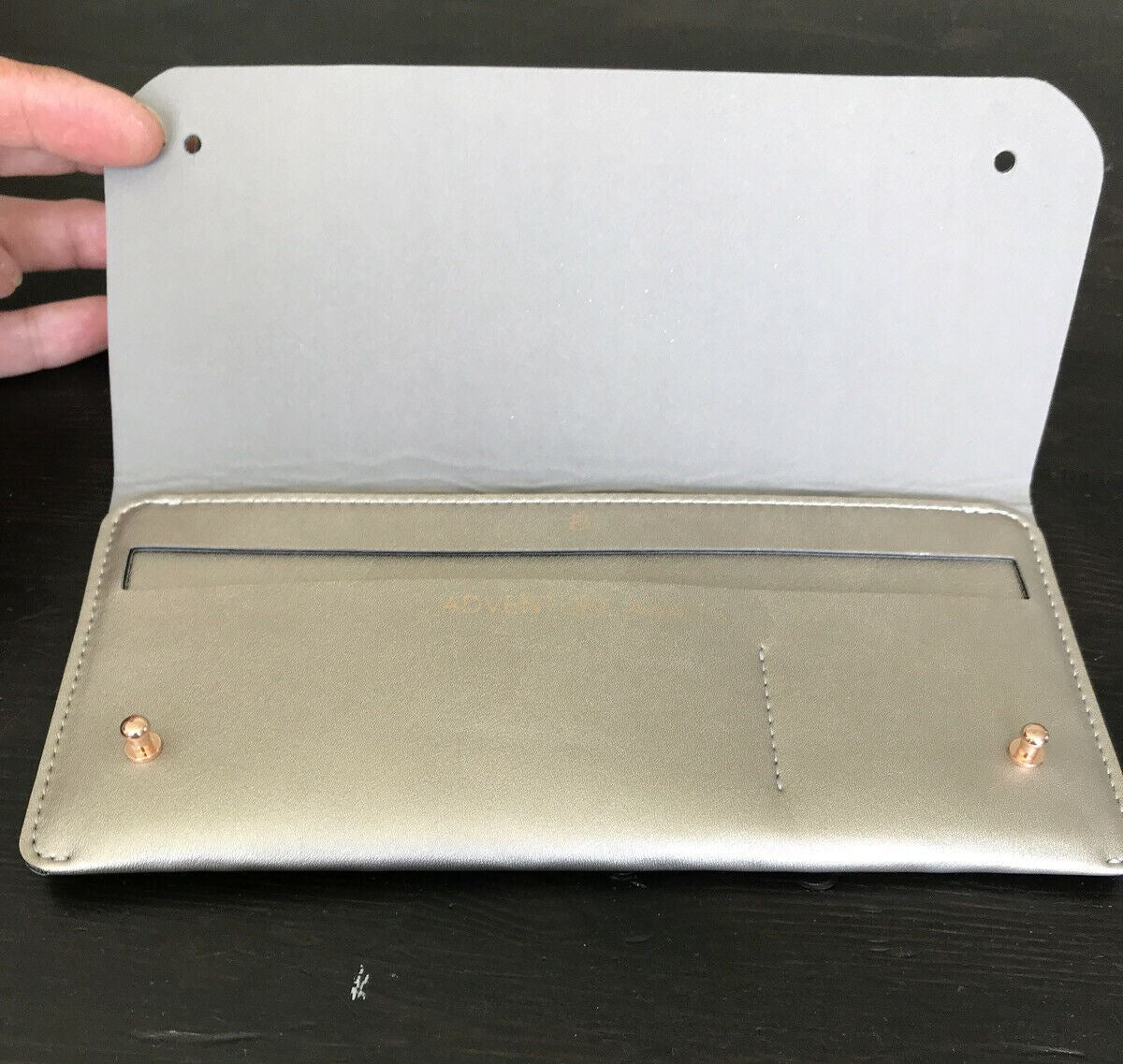 Vegan Soft Gold Leather Look Purse Wallet. Rose Gold Colour Studs. Adventure Awa