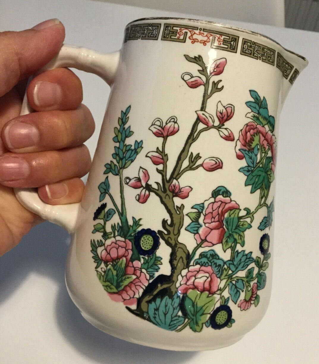 Small Vintage Floral Jug. Indian Tree. Sampson Bridgewood Ironstone. English. Pretty blossom design.