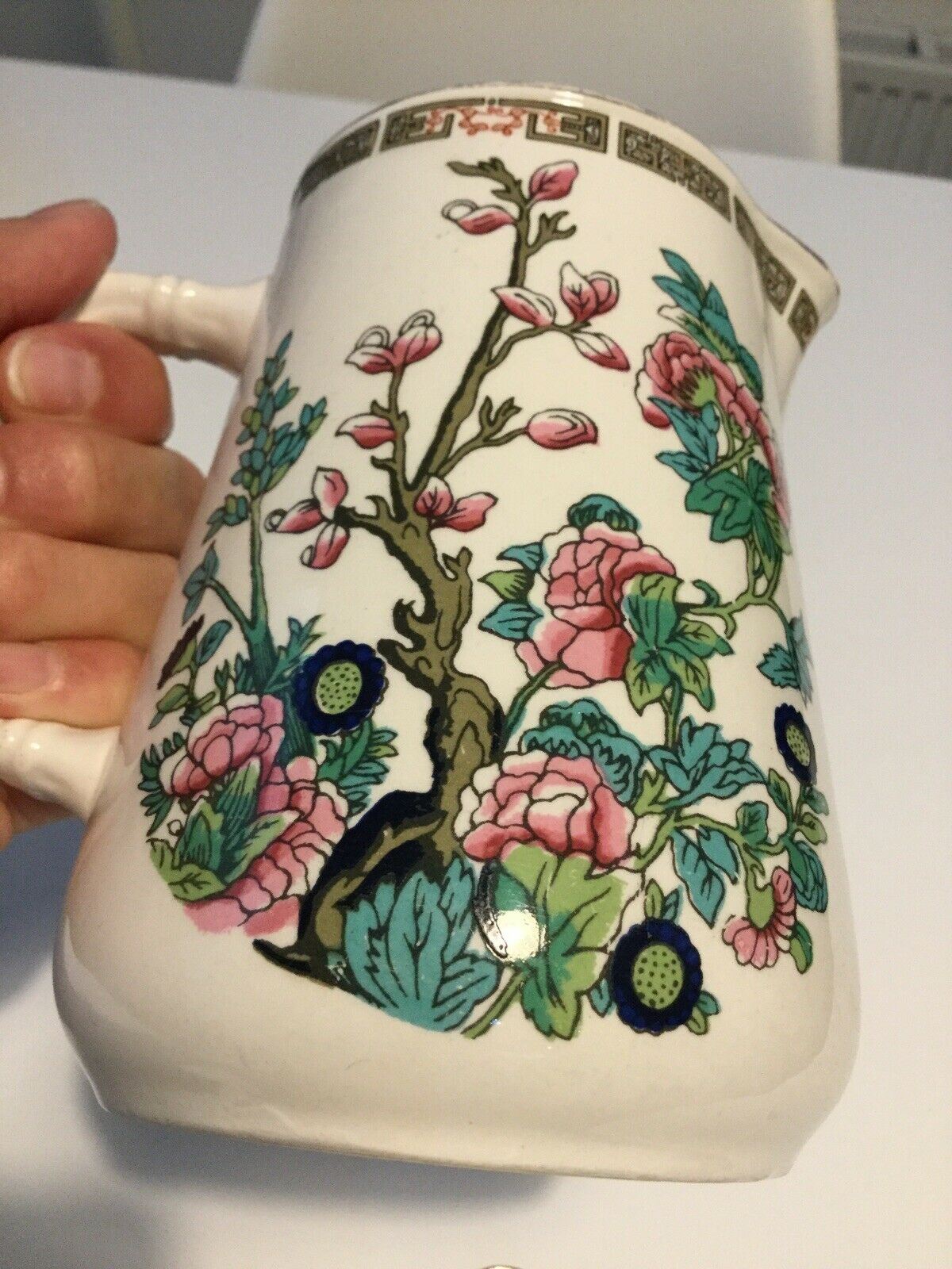 Small Vintage Floral Jug. Indian Tree. Sampson Bridgewood Ironstone. English. Pretty blossom design.