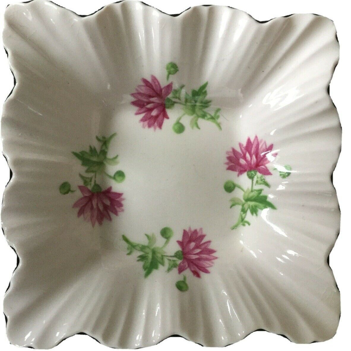 Adderley Bone China Trinket Dish / Pin Dish. Square. Pink Floral With Fluted Edge. Pretty