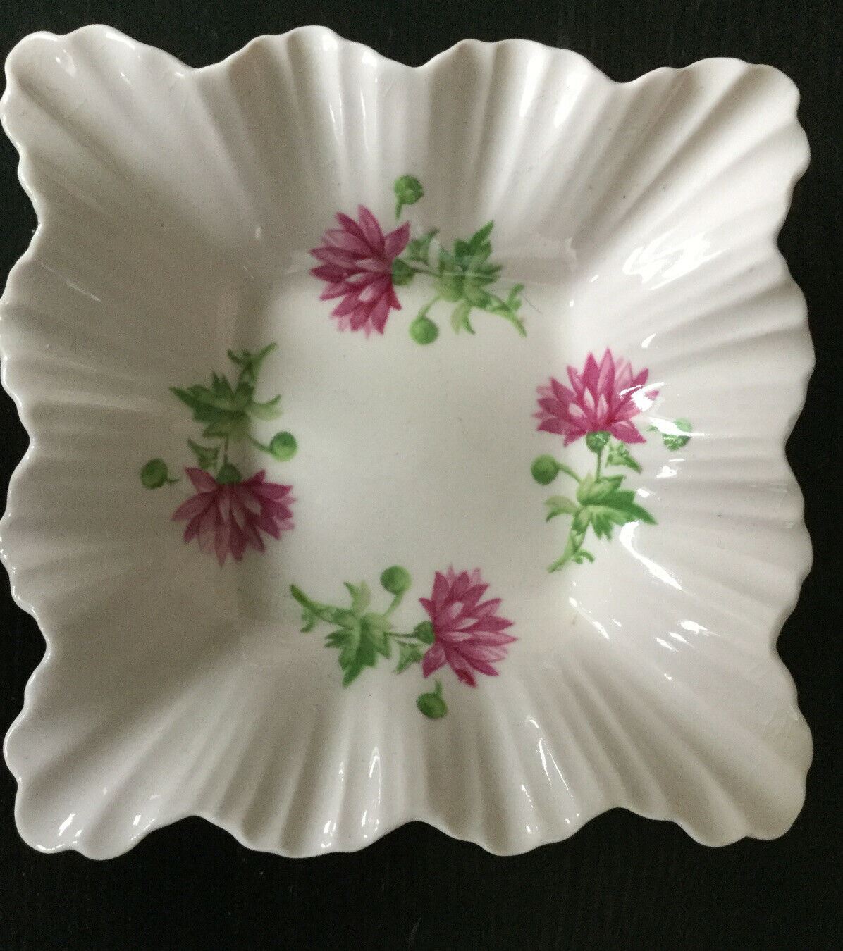 Adderley Bone China Trinket Dish / Pin Dish. Square. Pink Floral With Fluted Edge. Pretty