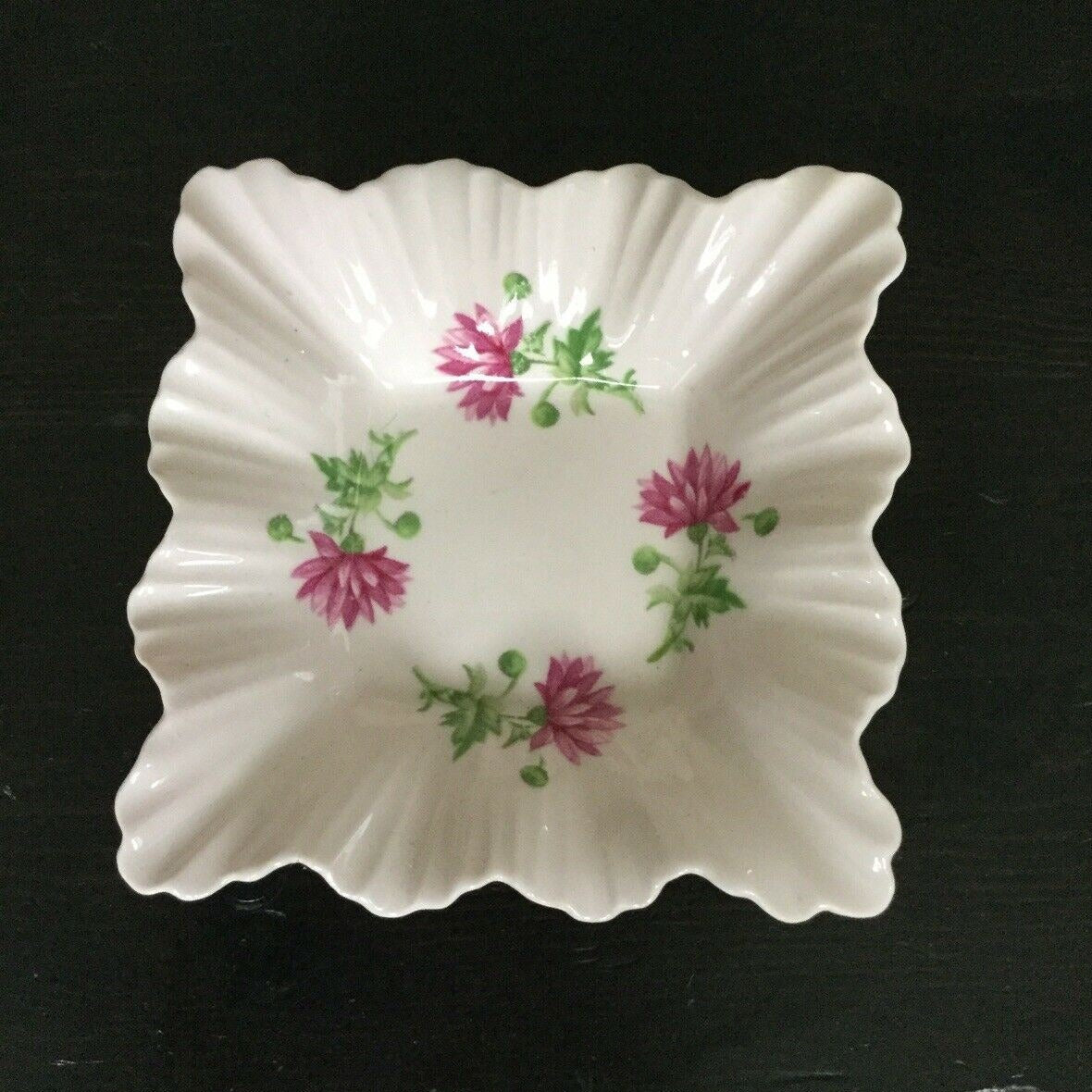 Adderley Bone China Trinket Dish / Pin Dish. Square. Pink Floral With Fluted Edge. Pretty